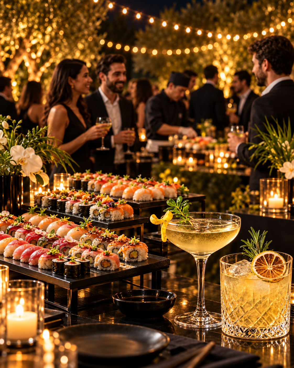 Sushi, cocktail e chef in un evento privato in giardino — immagine illustrativa