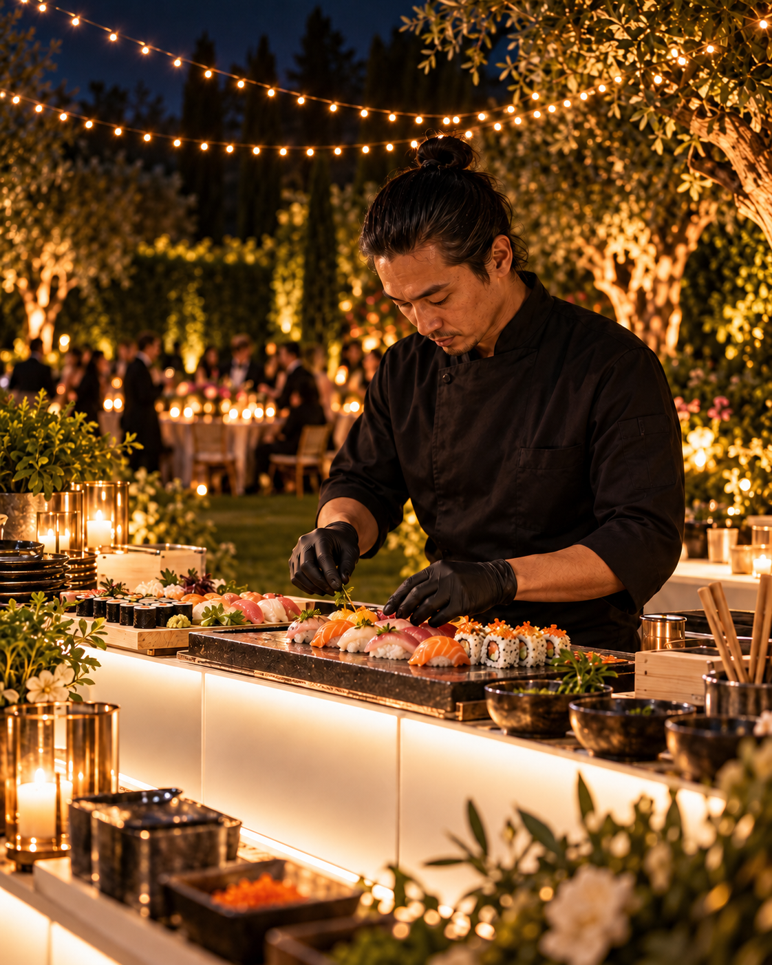 Chef che prepara sushi dal vivo nel giardino serale — immagine illustrativa