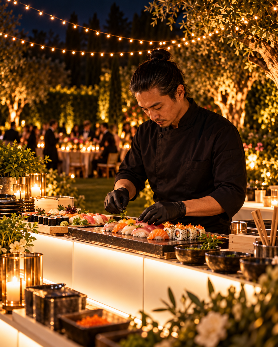 Chef che prepara sushi dal vivo nel giardino serale — immagine illustrativa